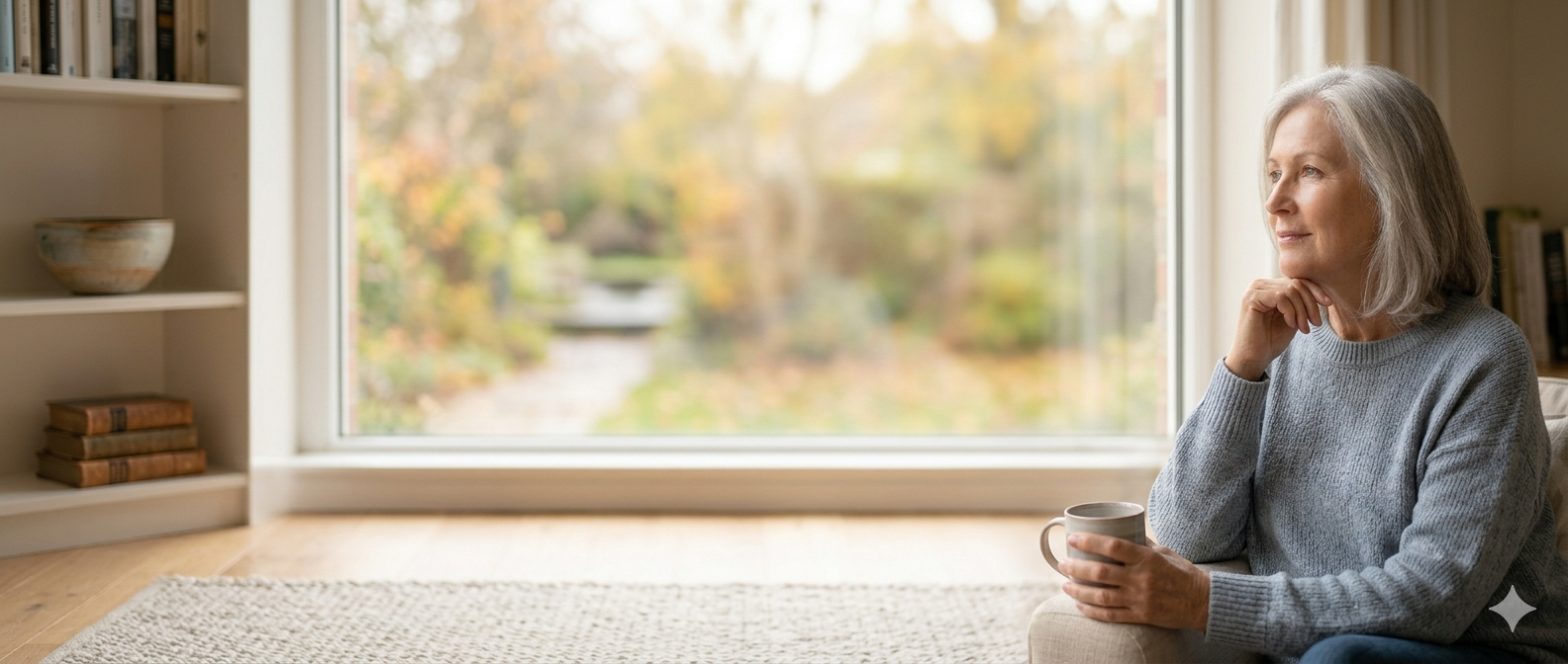Person holding a mug while sitting beside a large window with an outdoor garden view.
