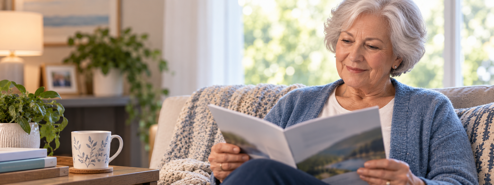 Person seated on a sofa reading a booklet at home.