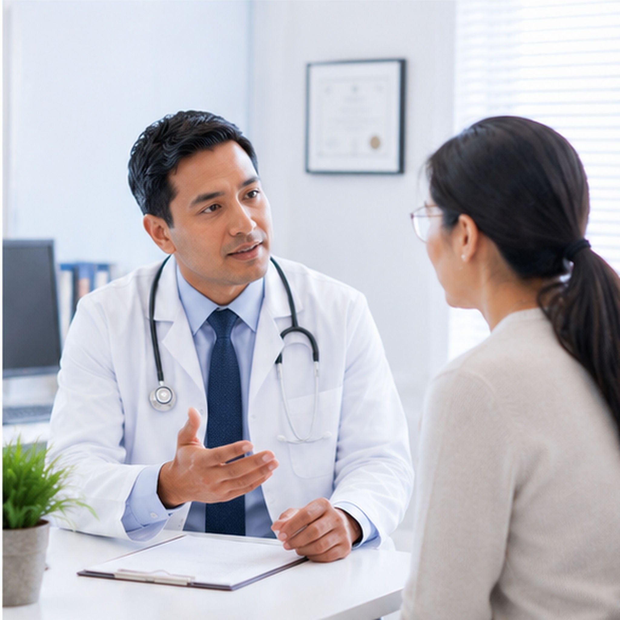 Healthcare professional speaking with a patient during a consultation in an exam room.