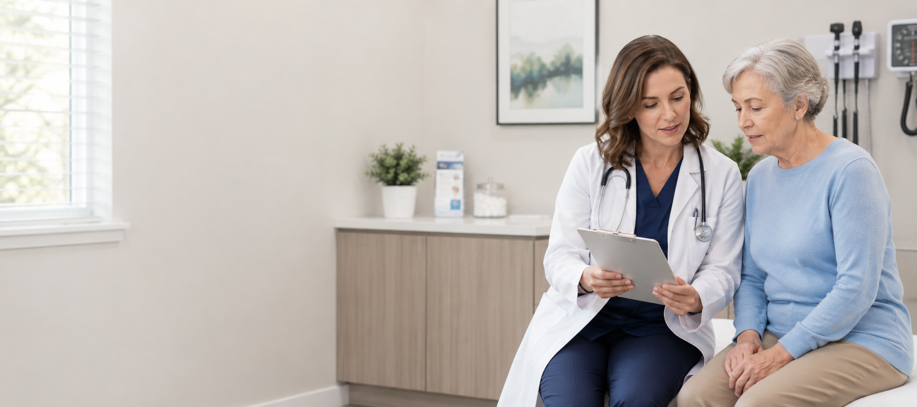 Healthcare professional reviews information on a tablet with a patient in an exam room.