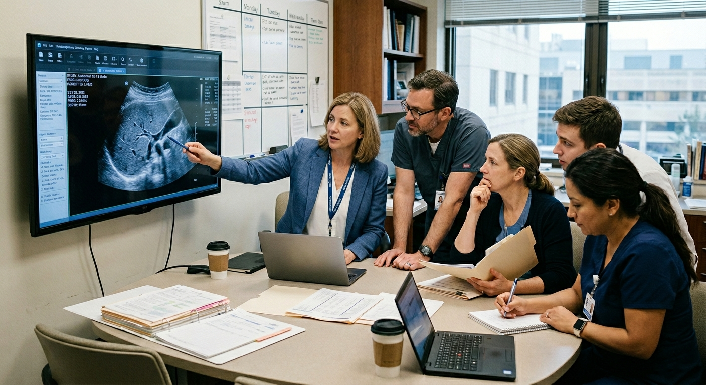 Clinical team reviewing a medical scan together in a hospital conference room.