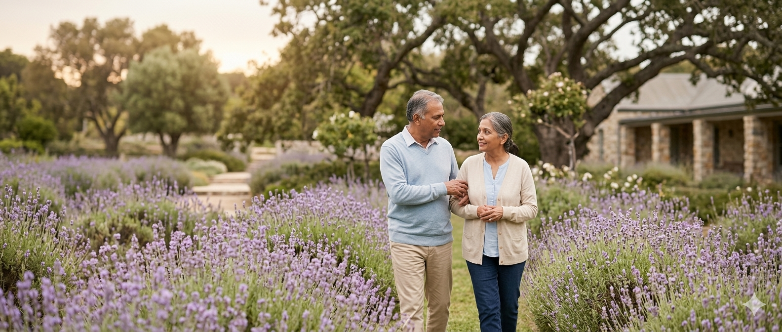 Two people walking together through a lavender garden near a house at sunset.