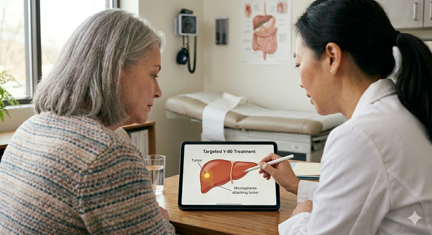 Clinician speaking with a patient in a medical office with liver anatomy materials nearby.